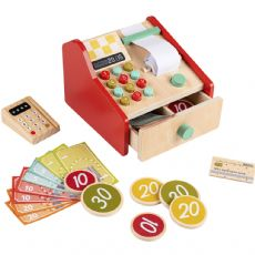 Wooden cash register with accessories