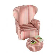 Lundby punaraitainen nojatuoli ja rahi