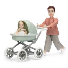 Lundby-nukke vauvan ja vaunujen kanssa