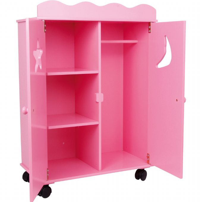 Pink Wardrobe for Dolls in Wood with wheels version 3