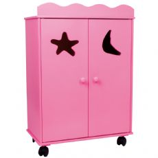 Pink Wardrobe for Dolls in Wood with wheels
