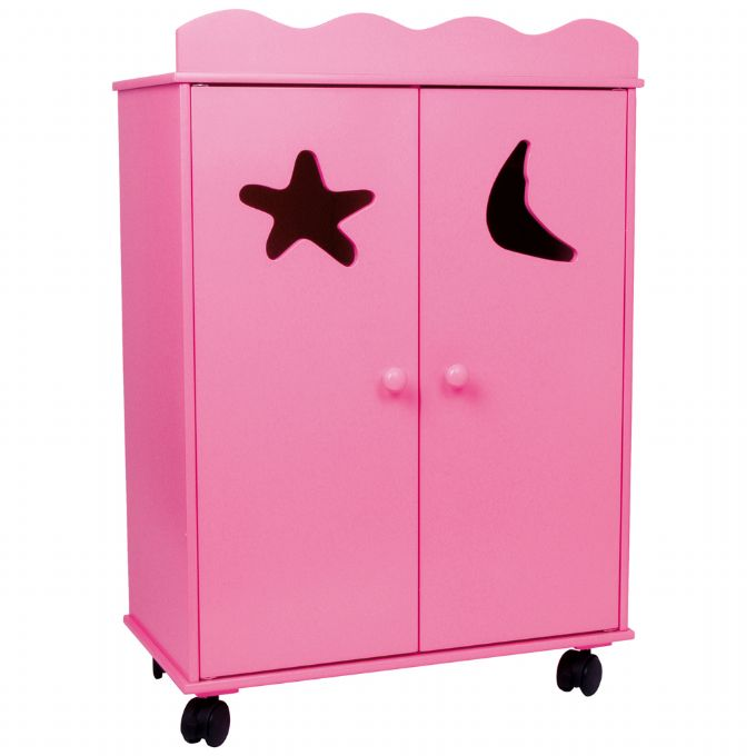 Pink Kldeskab til Dukker i Tr med hjul version 1