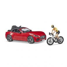 Red roadster with cyclist