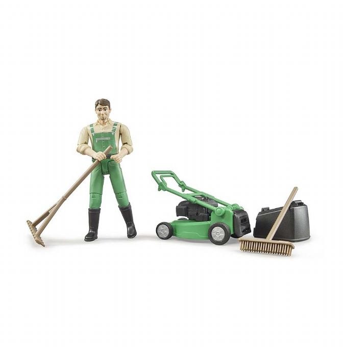 Gardener with lawnmower and equipment version 3