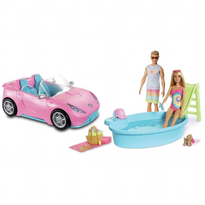 Image of Barbie Playset med Bil, pool og 2 Dukker (29-0GJB71)
