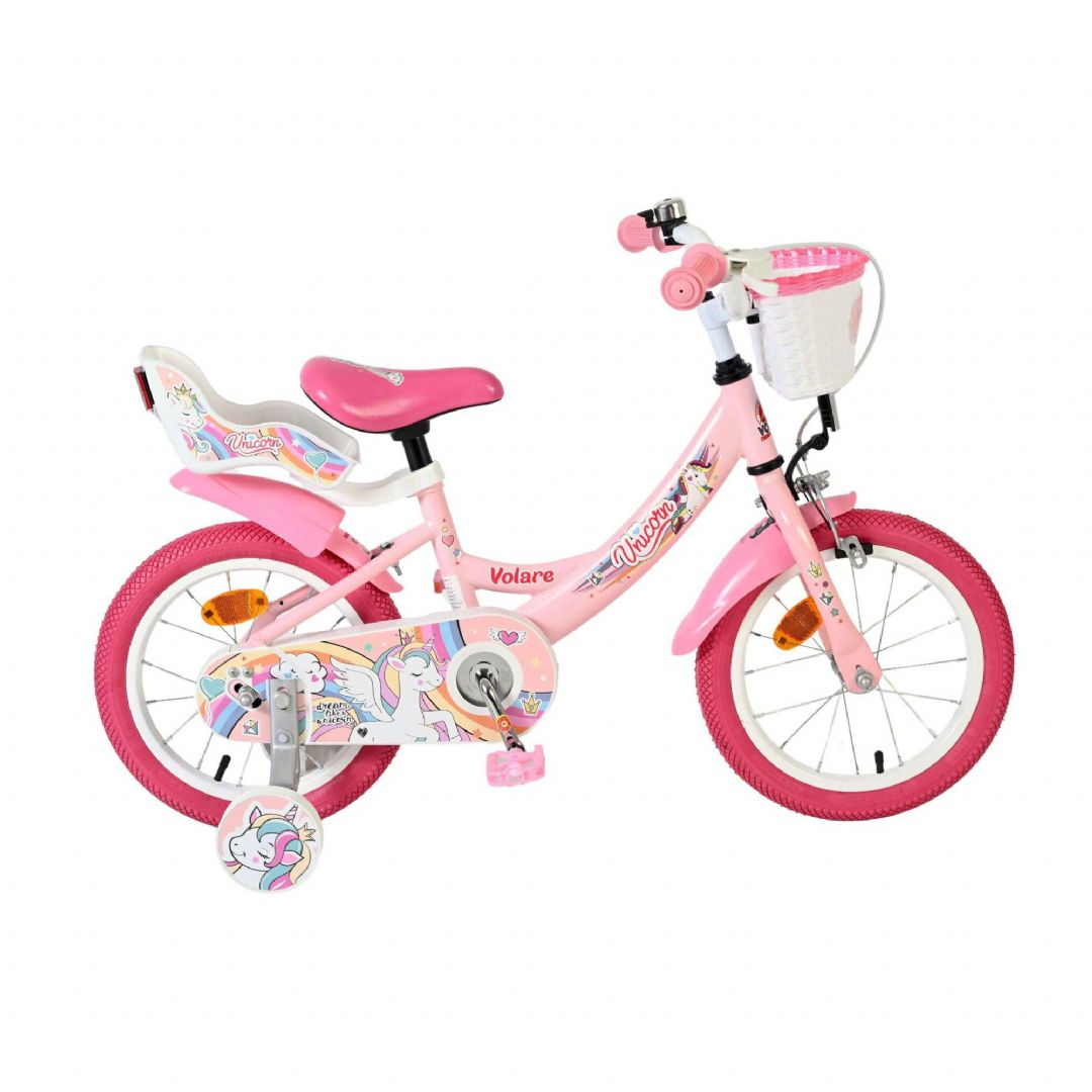 Volare - Unicorn Cykel - 14" Tommer - Støttehjul Kurv Sæde - Pink