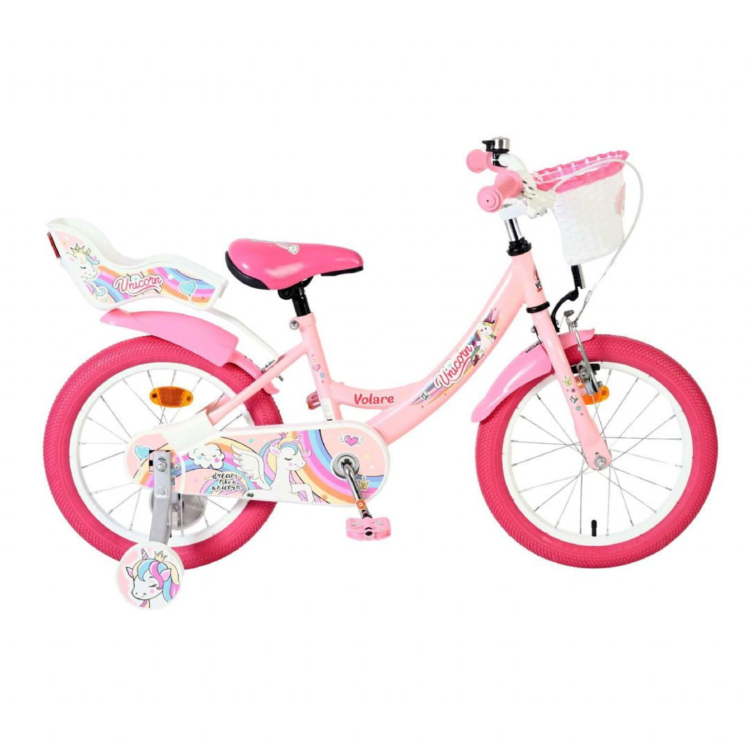 Volare - Unicorn Cykel - 16" Tommer - Støttehjul Kurv Sæde - Pink