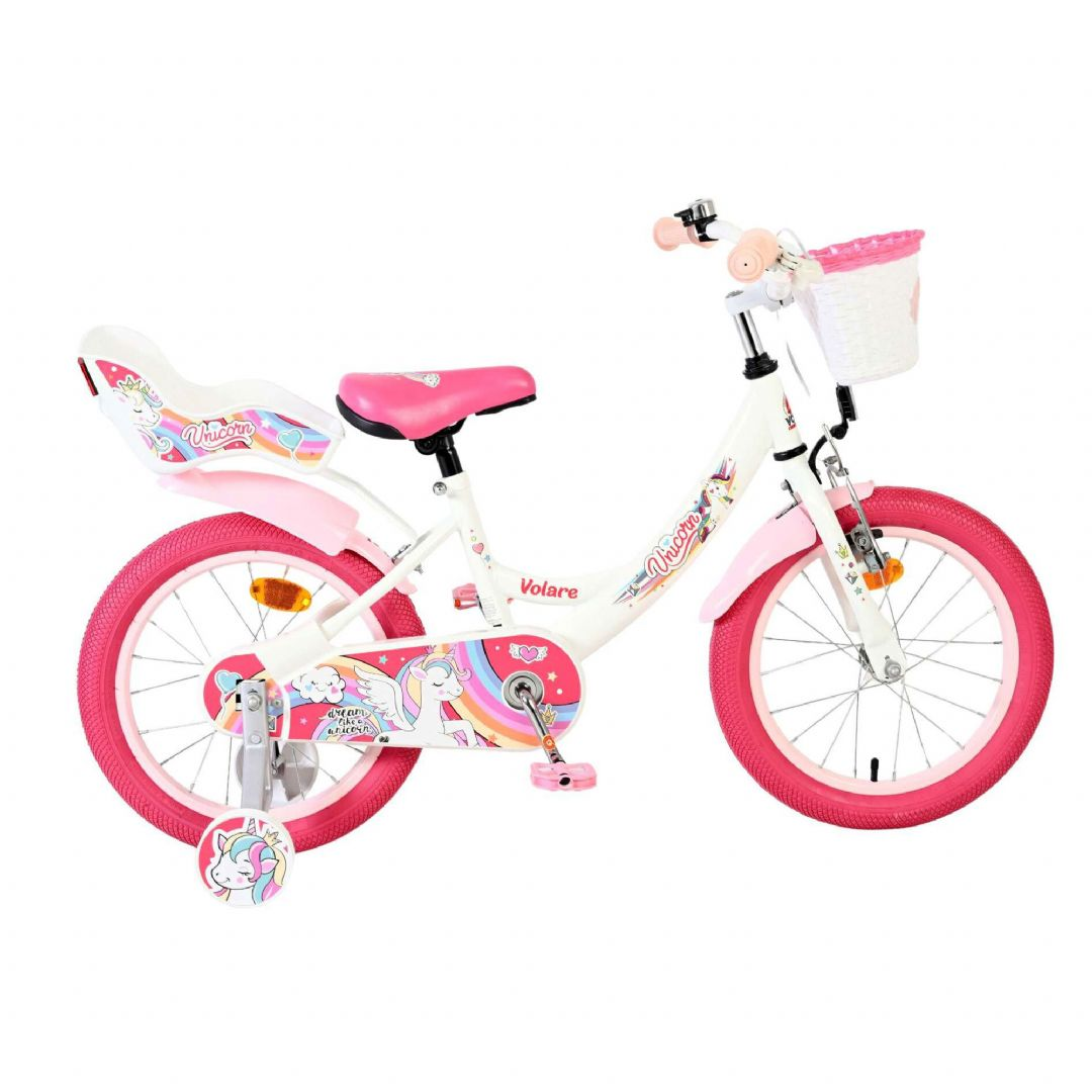 Volare - Unicorn Cykel - 16" Tommer - Støttehjul Kurv Sæde - Hvid