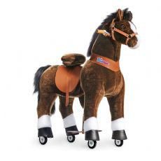 Ride-on Suklaanruskea hevonen, jossa valkoiset kav