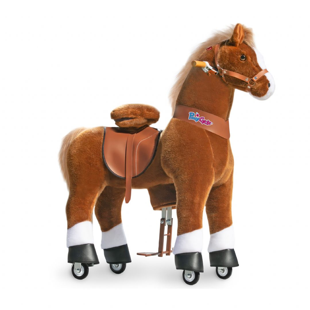 Ride-on ruskea hevonen, jossa valkoiset kaviot PonyCycle-ajohevonen Ux524